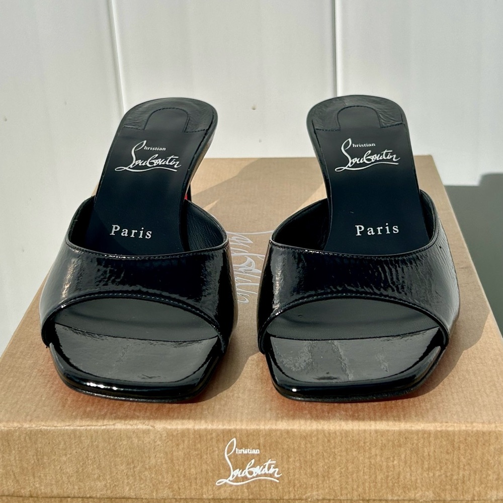 CHRISTIAN LOUBOUTIN CONDORA MULE 55 BLACK PAT. LEATHER SANDAL MID HEEL 37.5 NEW - Picture 8 of 16